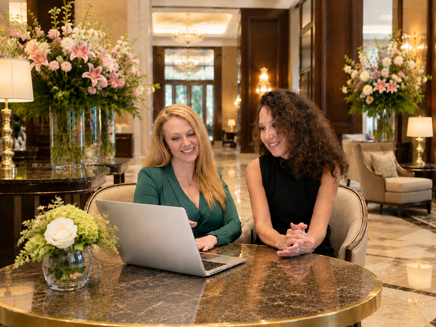 Andrea consulting with a client in an elegant hotel lobby